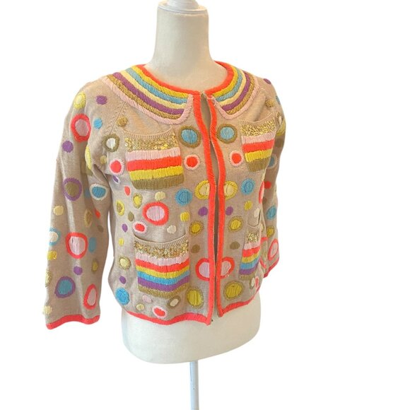 MANOUSH Wool Cardigan crop sleeve multicolor whimsical beige embroidered jacket - Picture 2 of 16